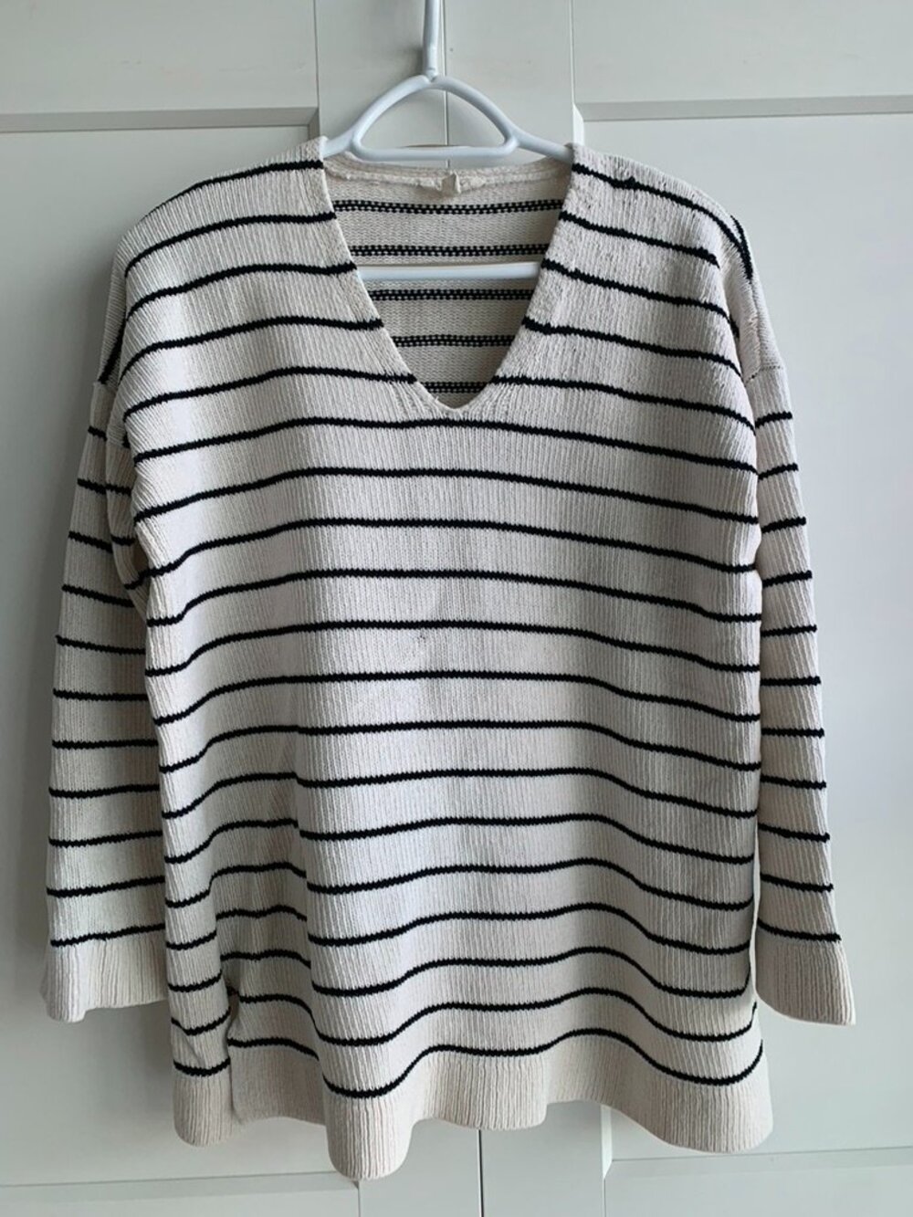 Eileen Fisher Stripped Organic Cotton Sweater Size XS Oversized V neck